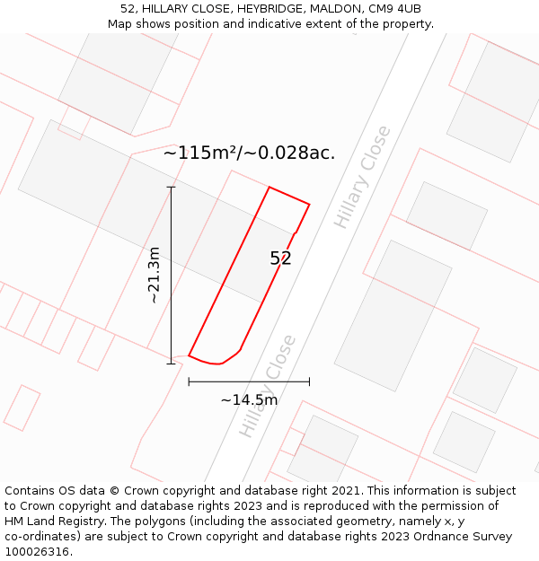 52, HILLARY CLOSE, HEYBRIDGE, MALDON, CM9 4UB: Plot and title map