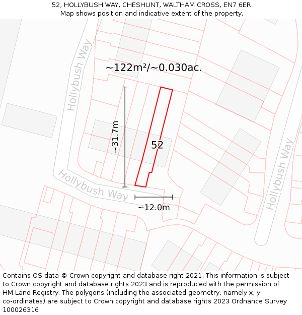 52, HOLLYBUSH WAY, CHESHUNT, WALTHAM CROSS, EN7 6ER: Plot and title map