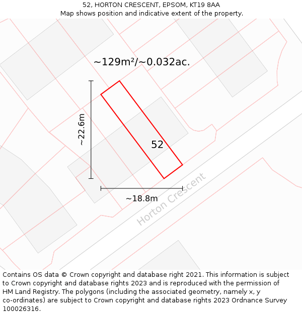 52, HORTON CRESCENT, EPSOM, KT19 8AA: Plot and title map
