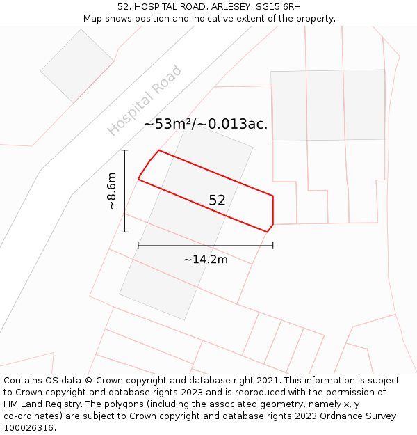 52, HOSPITAL ROAD, ARLESEY, SG15 6RH: Plot and title map