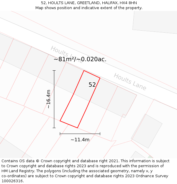 52, HOULTS LANE, GREETLAND, HALIFAX, HX4 8HN: Plot and title map