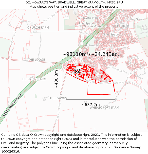 52, HOWARDS WAY, BRADWELL, GREAT YARMOUTH, NR31 9FU: Plot and title map