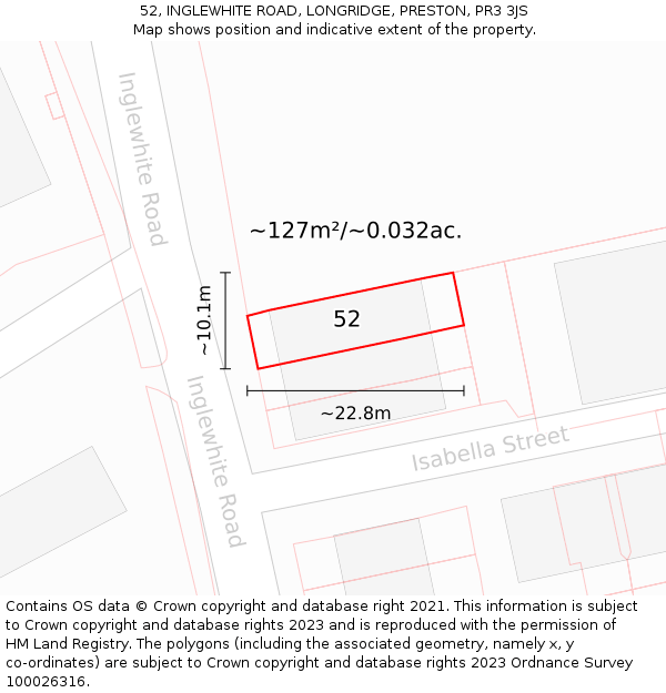 52, INGLEWHITE ROAD, LONGRIDGE, PRESTON, PR3 3JS: Plot and title map