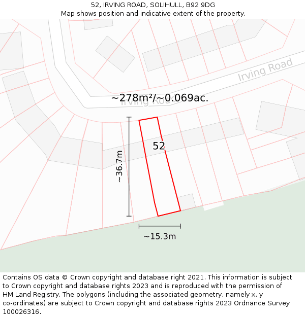52, IRVING ROAD, SOLIHULL, B92 9DG: Plot and title map