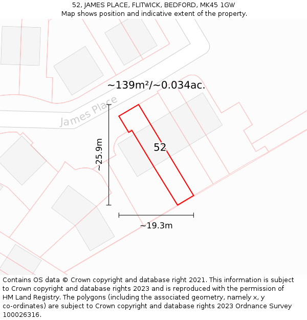 52, JAMES PLACE, FLITWICK, BEDFORD, MK45 1GW: Plot and title map