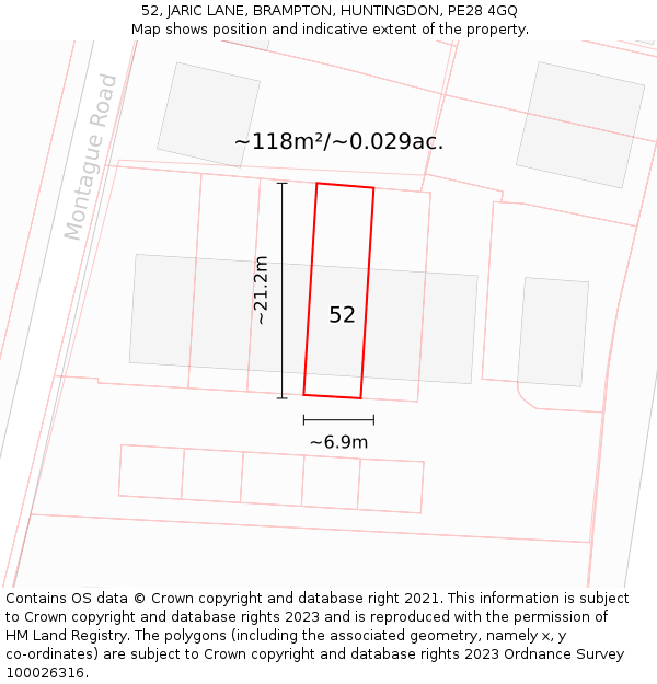 52, JARIC LANE, BRAMPTON, HUNTINGDON, PE28 4GQ: Plot and title map
