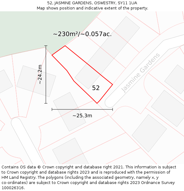 52, JASMINE GARDENS, OSWESTRY, SY11 1UA: Plot and title map