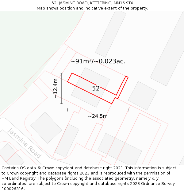 52, JASMINE ROAD, KETTERING, NN16 9TX: Plot and title map