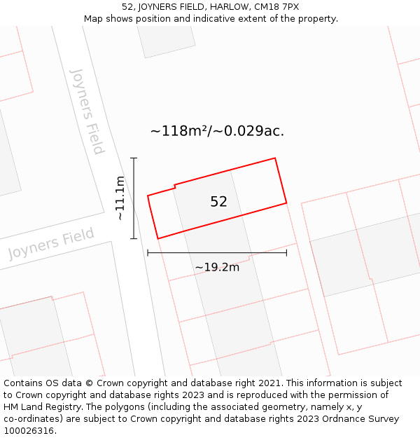 52, JOYNERS FIELD, HARLOW, CM18 7PX: Plot and title map