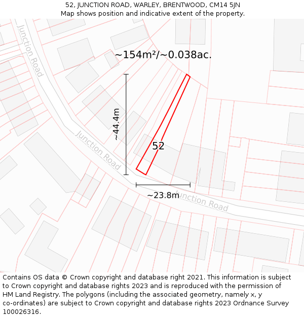 52, JUNCTION ROAD, WARLEY, BRENTWOOD, CM14 5JN: Plot and title map
