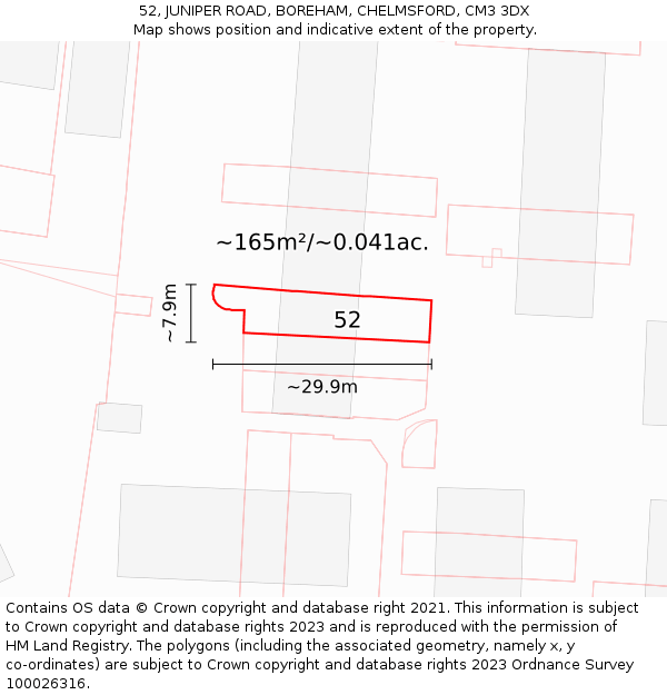 52, JUNIPER ROAD, BOREHAM, CHELMSFORD, CM3 3DX: Plot and title map