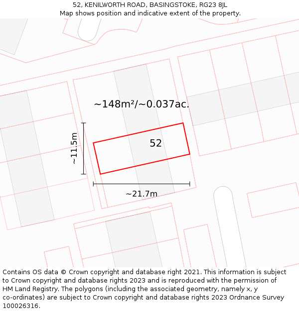 52, KENILWORTH ROAD, BASINGSTOKE, RG23 8JL: Plot and title map