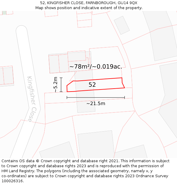 52, KINGFISHER CLOSE, FARNBOROUGH, GU14 9QX: Plot and title map