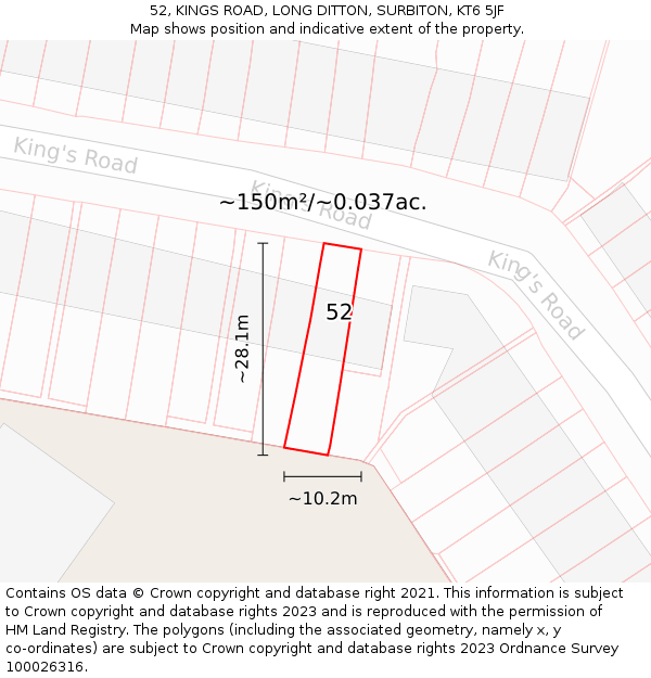 52, KINGS ROAD, LONG DITTON, SURBITON, KT6 5JF: Plot and title map