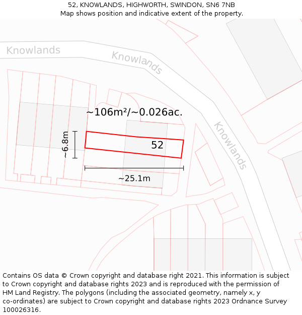 52, KNOWLANDS, HIGHWORTH, SWINDON, SN6 7NB: Plot and title map