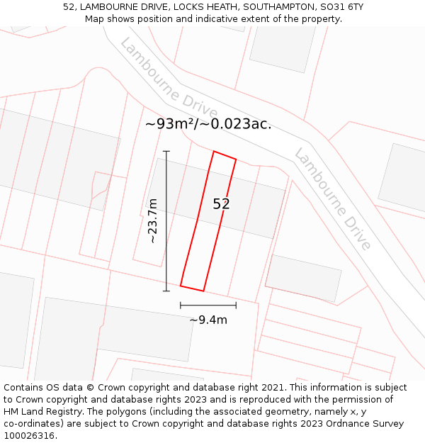 52, LAMBOURNE DRIVE, LOCKS HEATH, SOUTHAMPTON, SO31 6TY: Plot and title map
