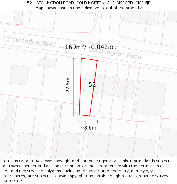 52, LATCHINGDON ROAD, COLD NORTON, CHELMSFORD, CM3 6JB: Plot and title map
