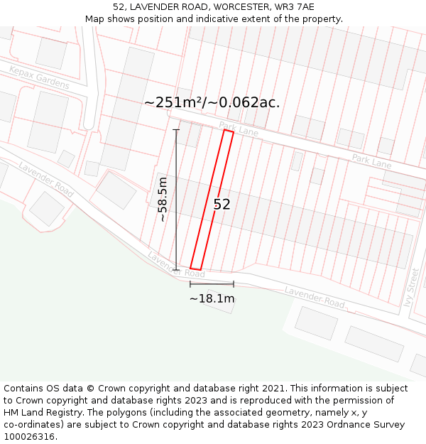 52, LAVENDER ROAD, WORCESTER, WR3 7AE: Plot and title map