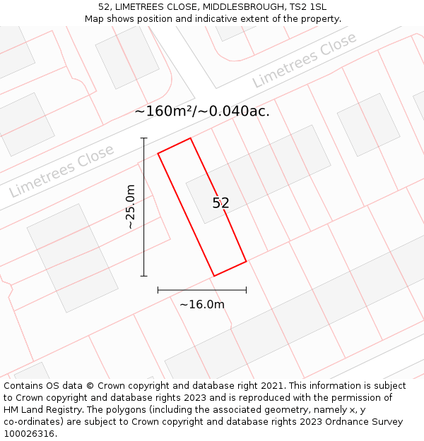 52, LIMETREES CLOSE, MIDDLESBROUGH, TS2 1SL: Plot and title map