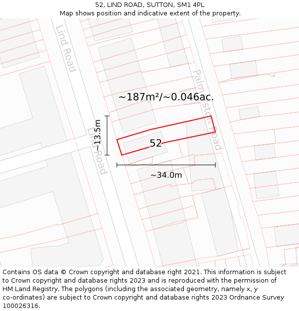 52, LIND ROAD, SUTTON, SM1 4PL: Plot and title map