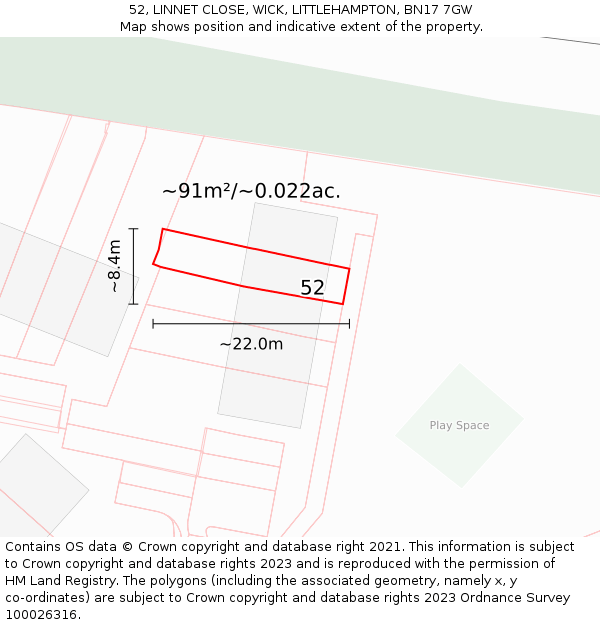 52, LINNET CLOSE, WICK, LITTLEHAMPTON, BN17 7GW: Plot and title map