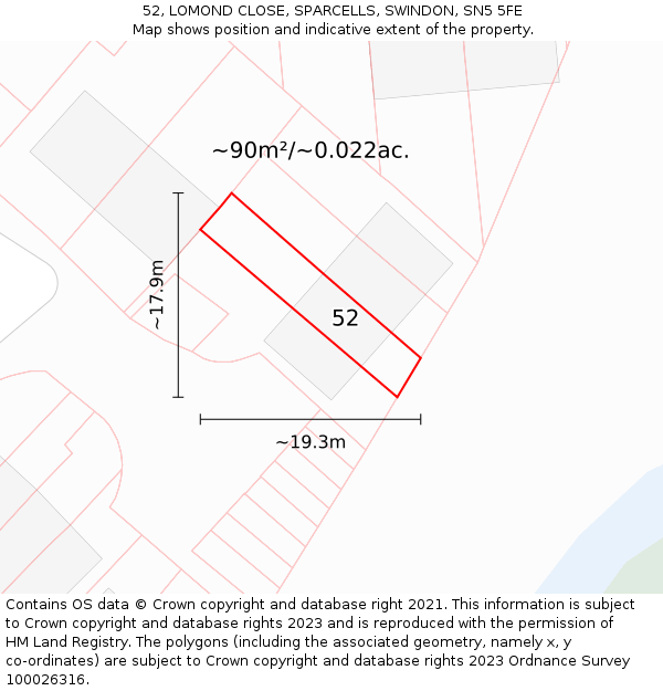 52, LOMOND CLOSE, SPARCELLS, SWINDON, SN5 5FE: Plot and title map