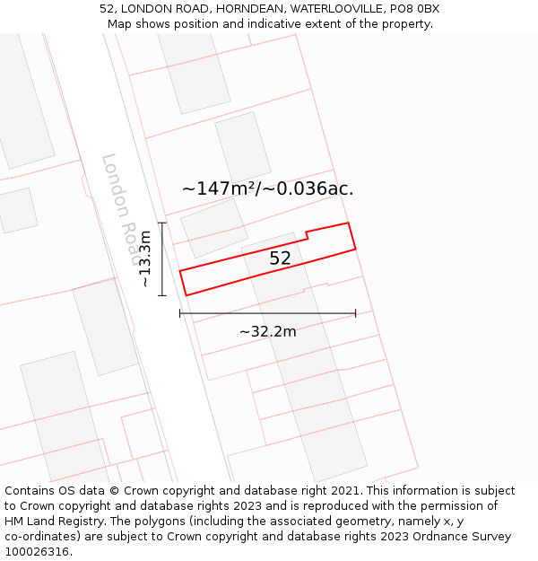 52, LONDON ROAD, HORNDEAN, WATERLOOVILLE, PO8 0BX: Plot and title map
