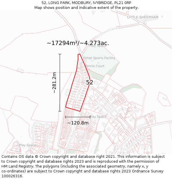 52, LONG PARK, MODBURY, IVYBRIDGE, PL21 0RP: Plot and title map