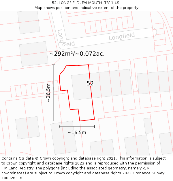 52, LONGFIELD, FALMOUTH, TR11 4SL: Plot and title map