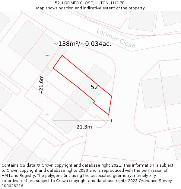 52, LORIMER CLOSE, LUTON, LU2 7RL: Plot and title map