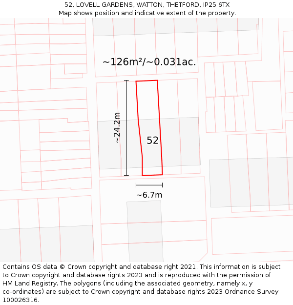 52, LOVELL GARDENS, WATTON, THETFORD, IP25 6TX: Plot and title map