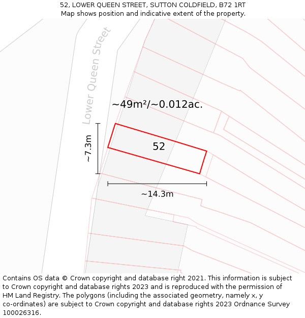 52, LOWER QUEEN STREET, SUTTON COLDFIELD, B72 1RT: Plot and title map