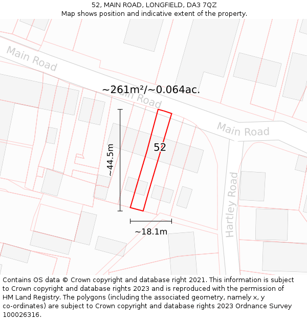52, MAIN ROAD, LONGFIELD, DA3 7QZ: Plot and title map