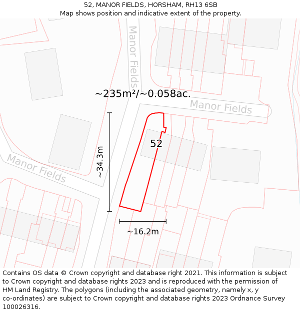 52, MANOR FIELDS, HORSHAM, RH13 6SB: Plot and title map
