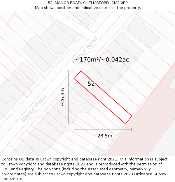 52, MANOR ROAD, CHELMSFORD, CM2 0EP: Plot and title map