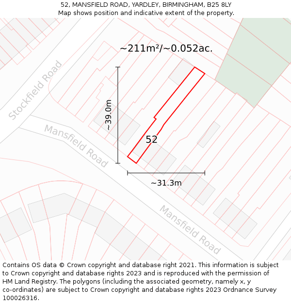 52, MANSFIELD ROAD, YARDLEY, BIRMINGHAM, B25 8LY: Plot and title map