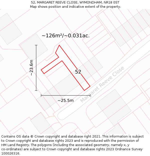 52, MARGARET REEVE CLOSE, WYMONDHAM, NR18 0ST: Plot and title map