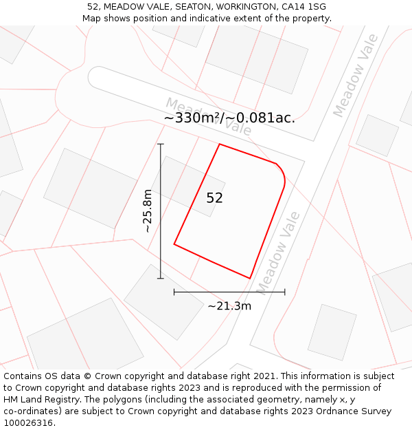 52, MEADOW VALE, SEATON, WORKINGTON, CA14 1SG: Plot and title map