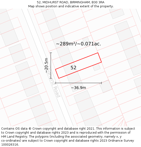 52, MIDHURST ROAD, BIRMINGHAM, B30 3RA: Plot and title map