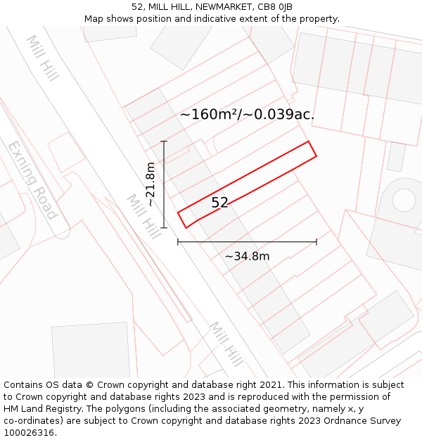 52, MILL HILL, NEWMARKET, CB8 0JB: Plot and title map