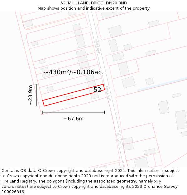 52, MILL LANE, BRIGG, DN20 8ND: Plot and title map
