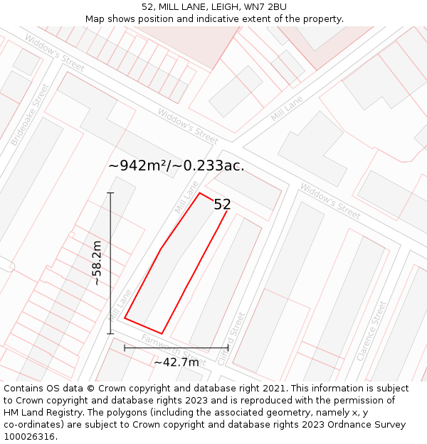 52, MILL LANE, LEIGH, WN7 2BU: Plot and title map