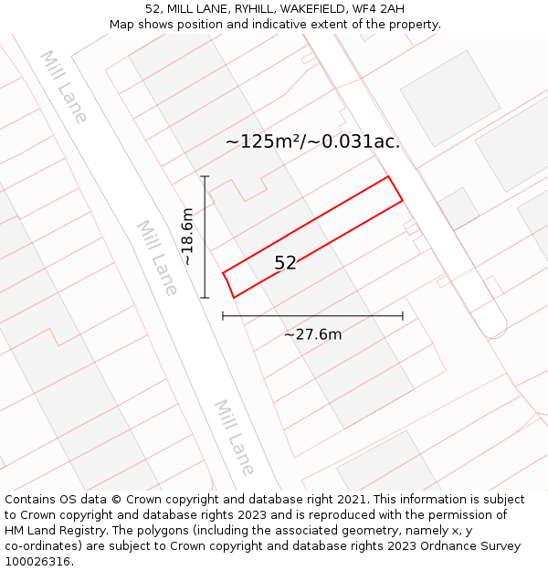 52, MILL LANE, RYHILL, WAKEFIELD, WF4 2AH: Plot and title map