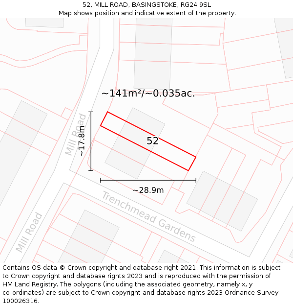 52, MILL ROAD, BASINGSTOKE, RG24 9SL: Plot and title map