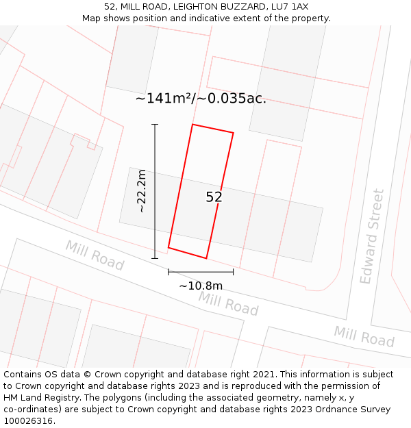 52, MILL ROAD, LEIGHTON BUZZARD, LU7 1AX: Plot and title map