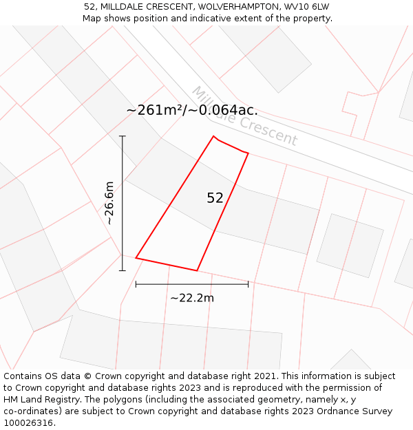 52, MILLDALE CRESCENT, WOLVERHAMPTON, WV10 6LW: Plot and title map