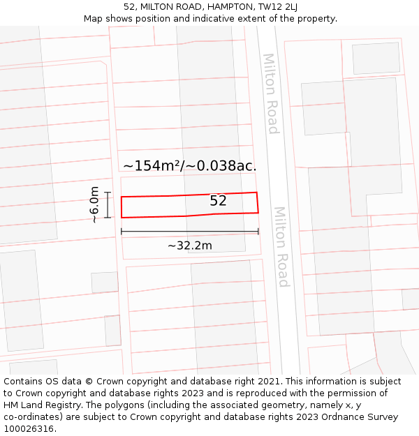 52, MILTON ROAD, HAMPTON, TW12 2LJ: Plot and title map