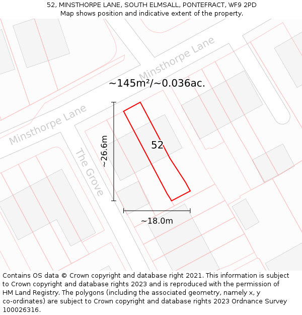 52, MINSTHORPE LANE, SOUTH ELMSALL, PONTEFRACT, WF9 2PD: Plot and title map