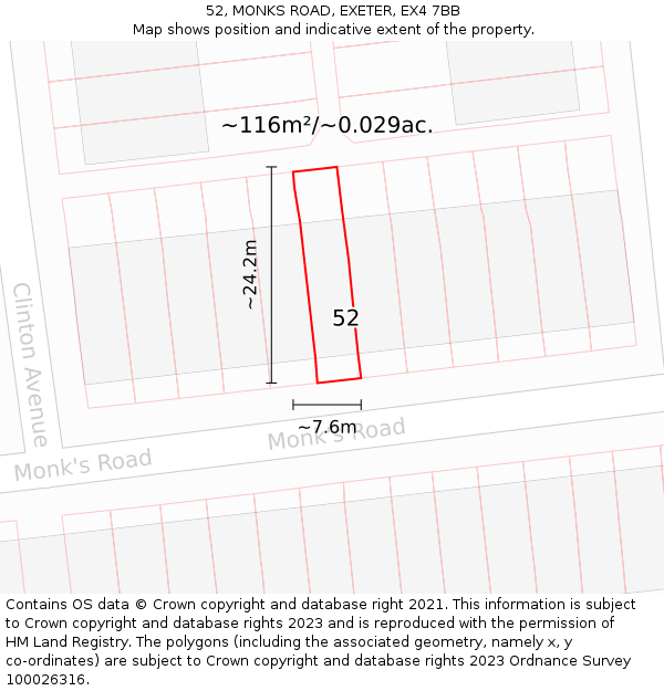 52, MONKS ROAD, EXETER, EX4 7BB: Plot and title map
