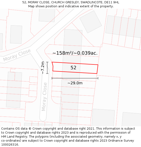 52, MORAY CLOSE, CHURCH GRESLEY, SWADLINCOTE, DE11 9HL: Plot and title map